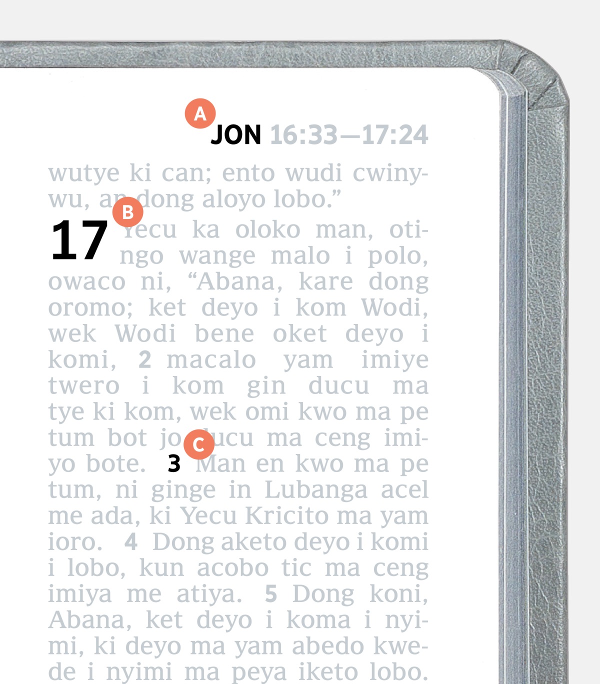 Lacim ma tye ka nyuto nukuta A, B, ki C i pot karatac ma i Baibul.