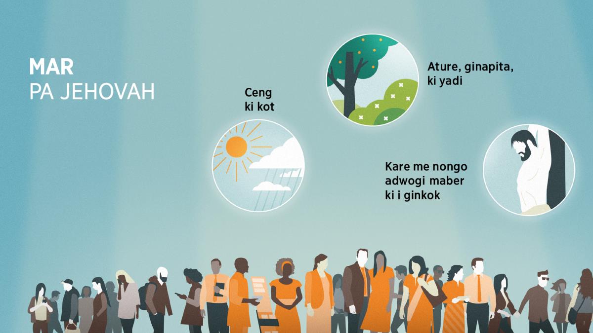 Dano ma gia ki i kabedo mapatpat dok mwakagi bene patpat. Cal ma kiribogi kacel: Lanyut me mar pa Jehovah. 1. Ceng ki kot. 2. Ature, ginapita, ki yadi. 3. Kare me nongo adwogi maber ki i ginkok.