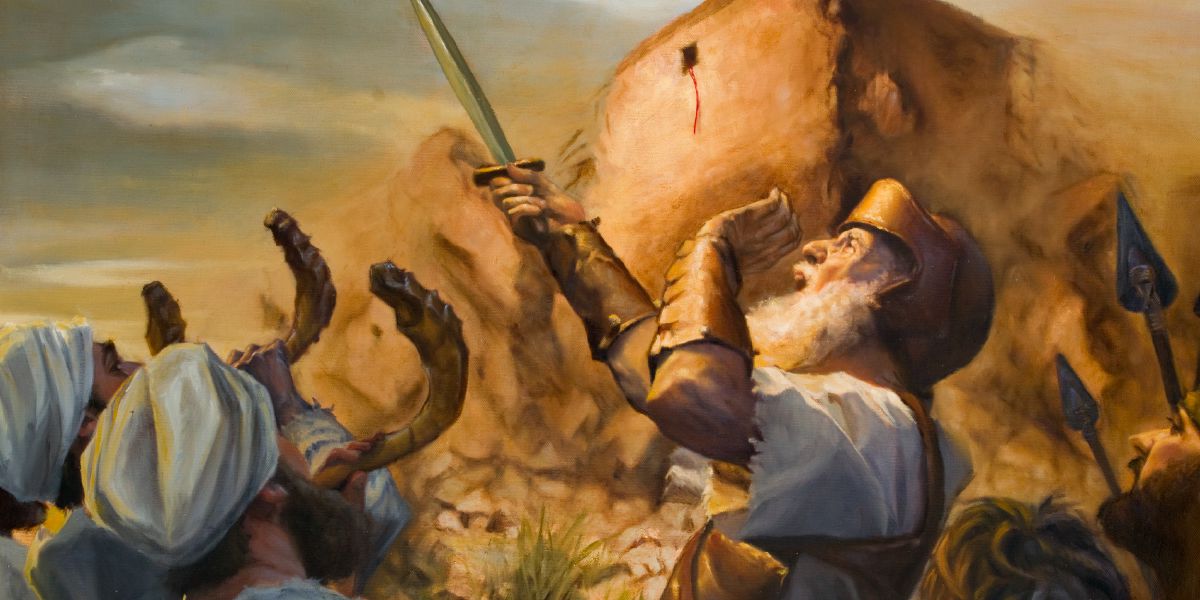 Los sacerdotes tocan los cuernos, Josué da un grito de guerra y las murallas de Jericó se derrumban