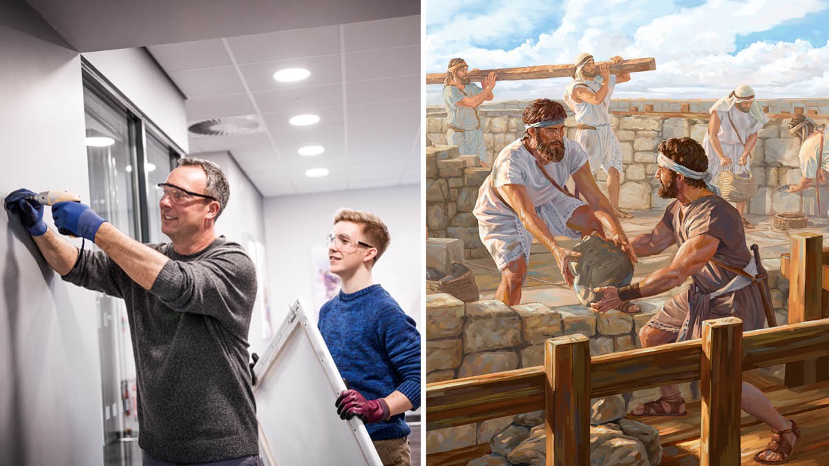 Un anciano realiza labores de mantenimiento en el Salón del Reino junto con su hijo; Nehemías trabaja junto con sus hermanos en la reconstrucción de las murallas de Jerusalén