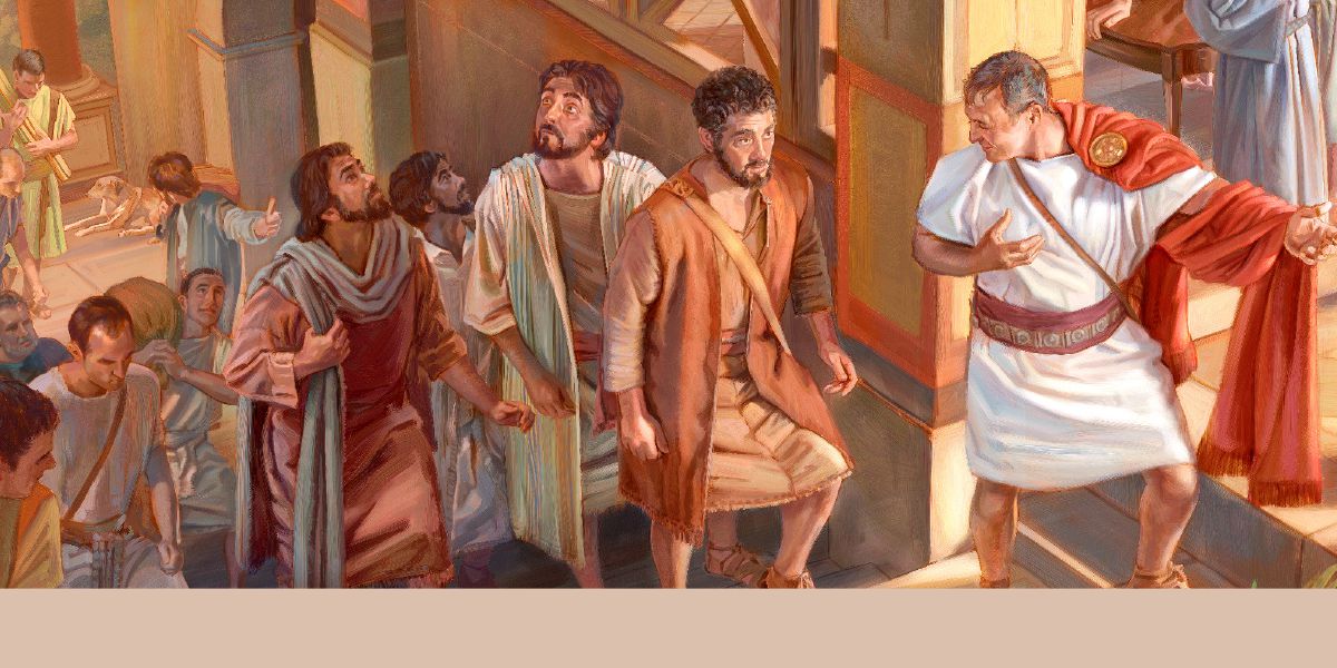 Petrus en sy vriende gaan by Kornelius se huis in.