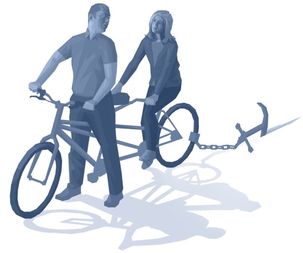 ’n Egpaar wat op ’n tandemfiets ry, kan weens ’n swaar anker nie vorentoe beweeg nie