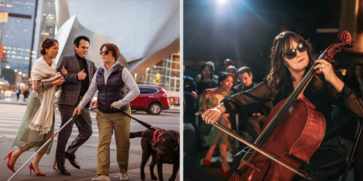 Collage: 1. ’n Paartjie is haastig en geïrriteerd omdat ’n blinde vrou voor hulle op die straat inloop. 2. Later bewonder dieselfde paartjie die blinde vrou wat ’n tjello by ’n konsert speel.