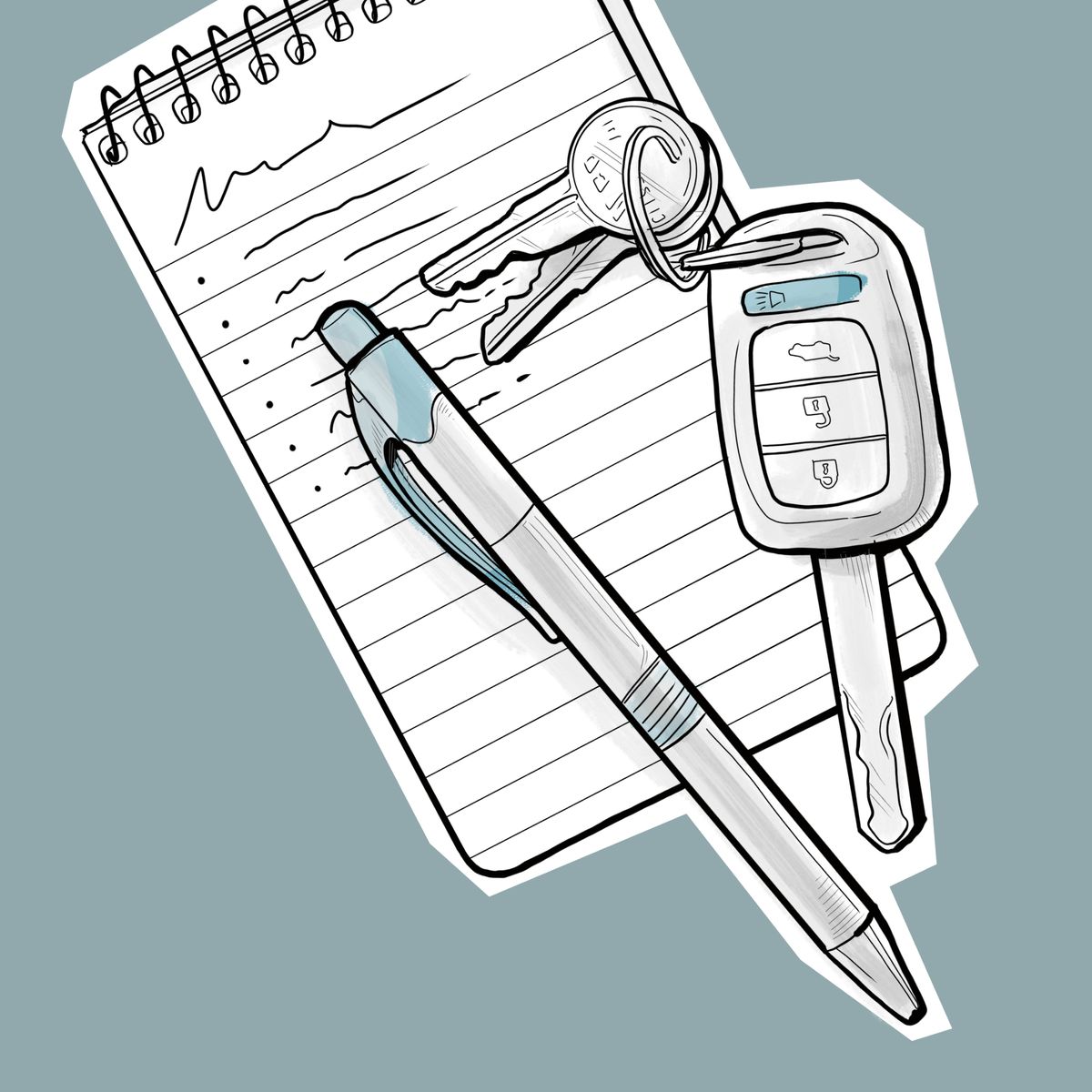 ’n Notaboek, ’n pen en ’n stel karsleutels.