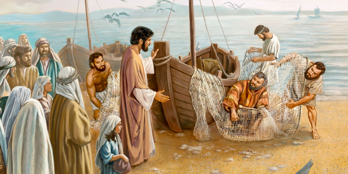 Jesus praat met Petrus, Andreas, Jakobus en Johannes op die strand van die See van Galilea