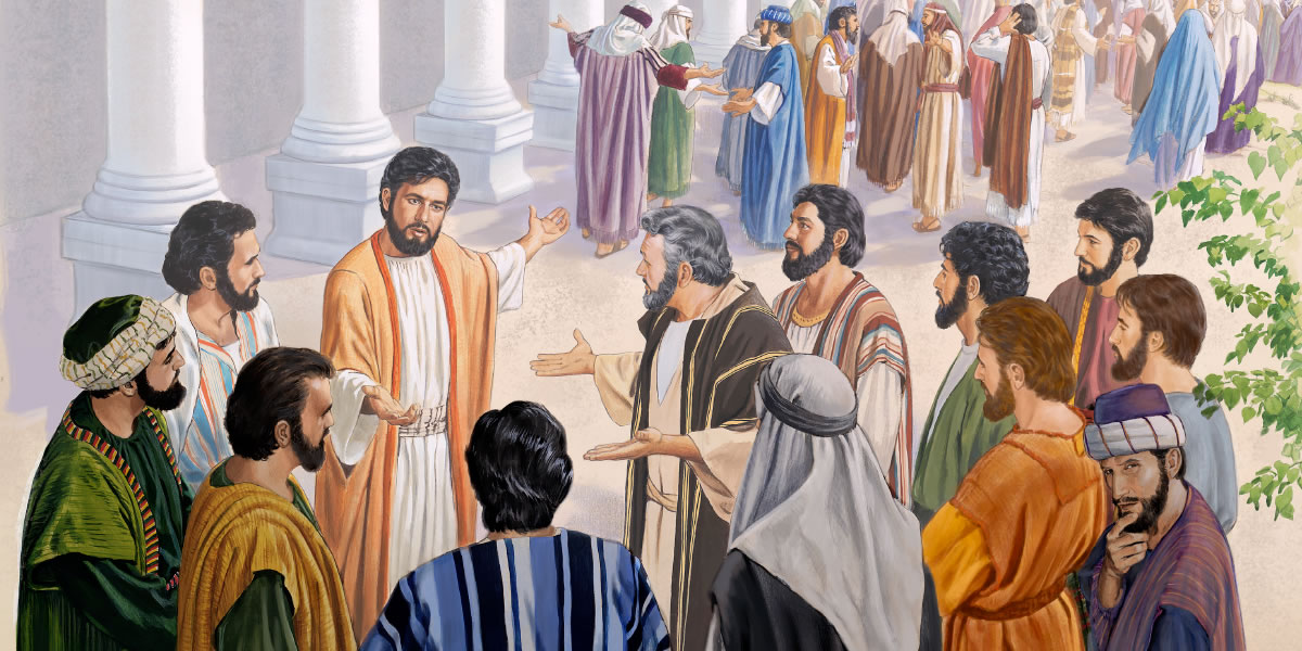 Terwyl Jesus met sy 12 apostels praat, kyk Judas vol twyfel weg; ander dissipels begin kla en verlaat Jesus
