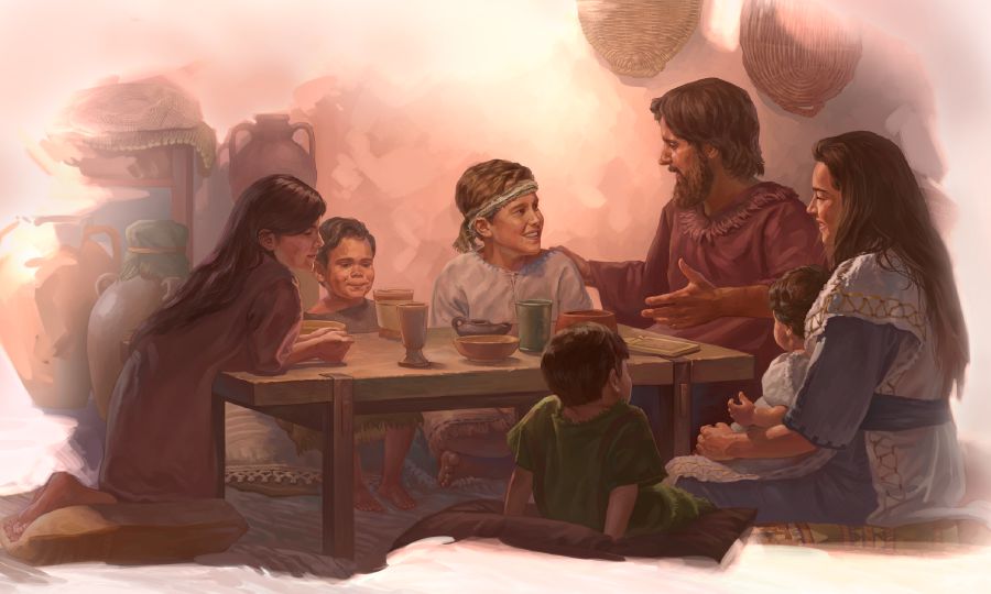 Josef en Maria sit by ’n tafel saam met Jesus en party van sy broers en susters