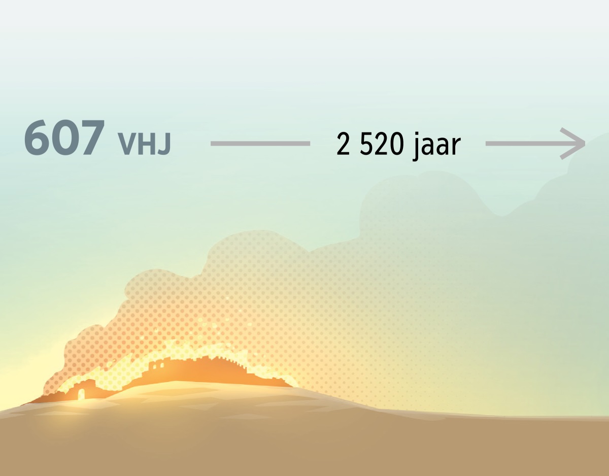 ’n Vuur vernietig eertydse Jerusalem in 607 VHJ. Daarna gaan 2 520 jaar verby.