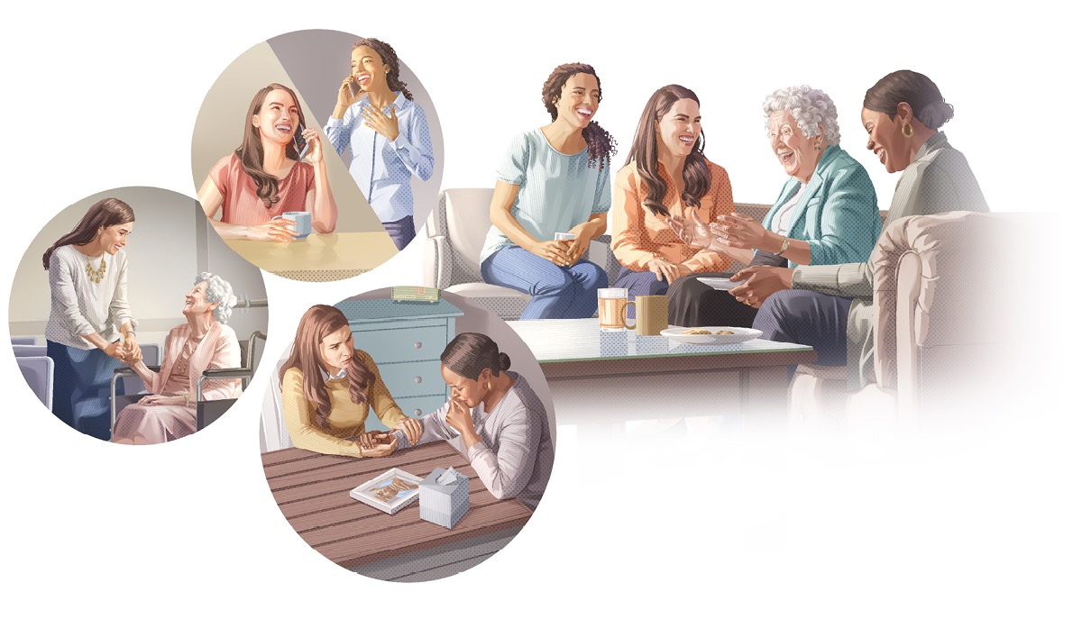 Collage: ’n Jong vrou kuier saam met drie van haar goeie vriende. 1. Sy praat met een van hulle op die telefoon. 2. Sy praat met die ouer een by die Koninkryksaal. 3. Sy besoek een van hulle wat hartseer is.