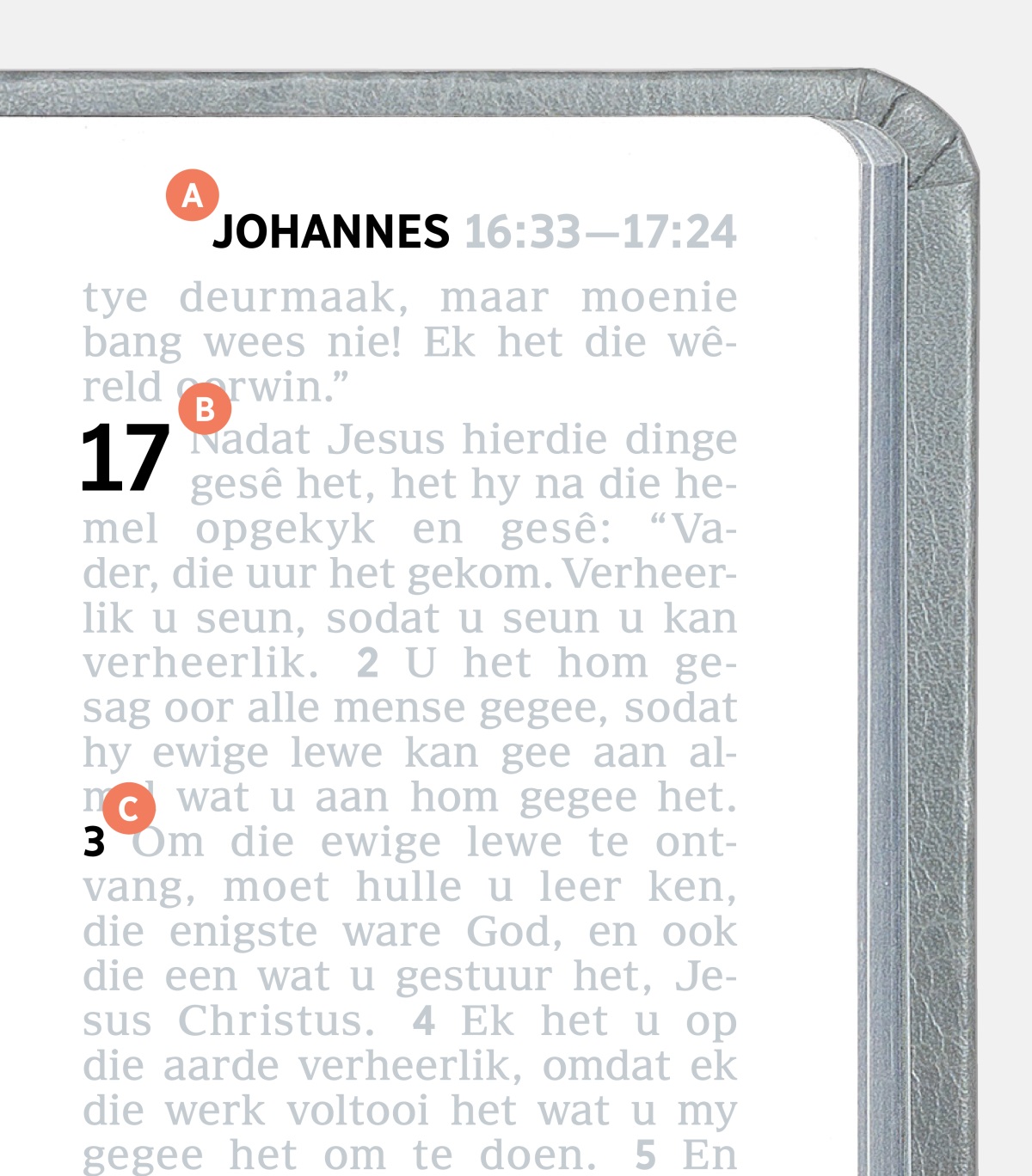 Merkers wat kenmerk A, B en C op ’n bladsy in die Bybel aandui.