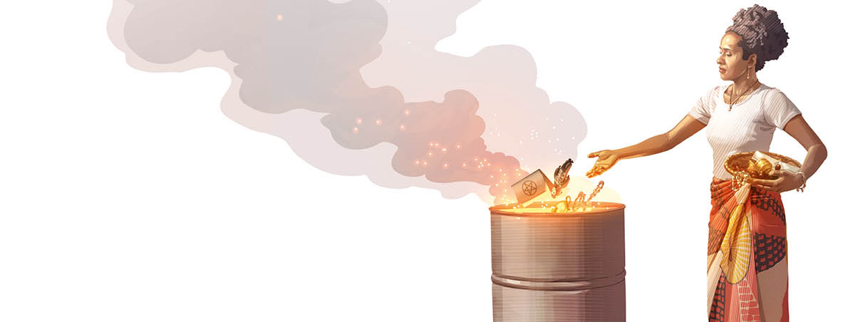 ’n Vrou brand verskillende dinge wat met spiritisme te doen het.