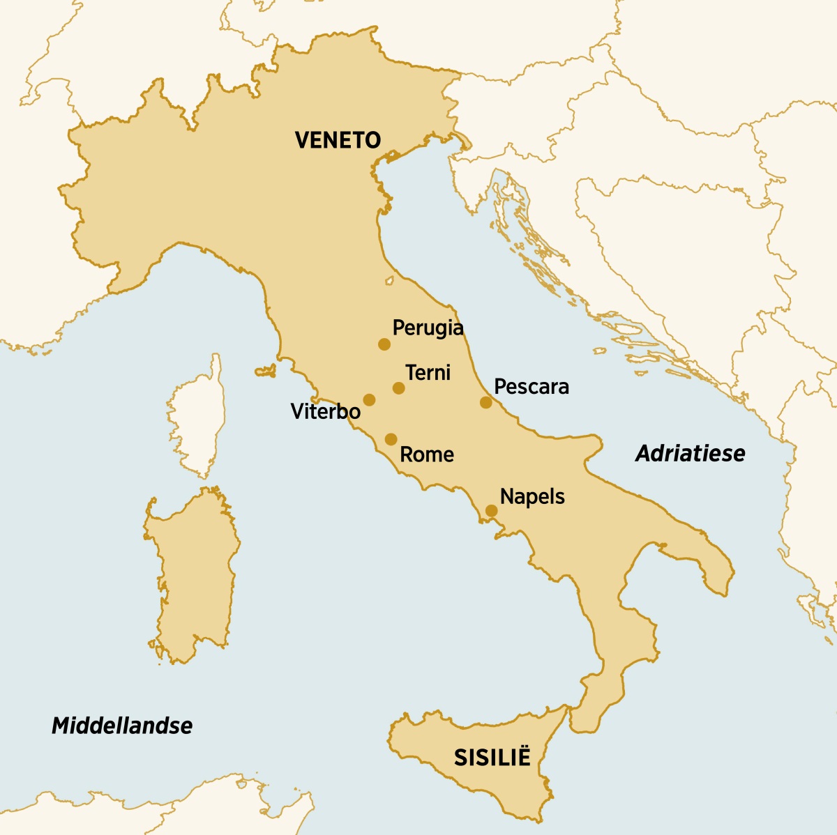 ’n Kaart van die plekke in Italië waar Dorina Caparelli gebly, gepreek en streekbyeenkomste bygewoon het: Veneto, Perugia, Terni, Pescara, Sisilië, Napels, Rome, Viterbo.
