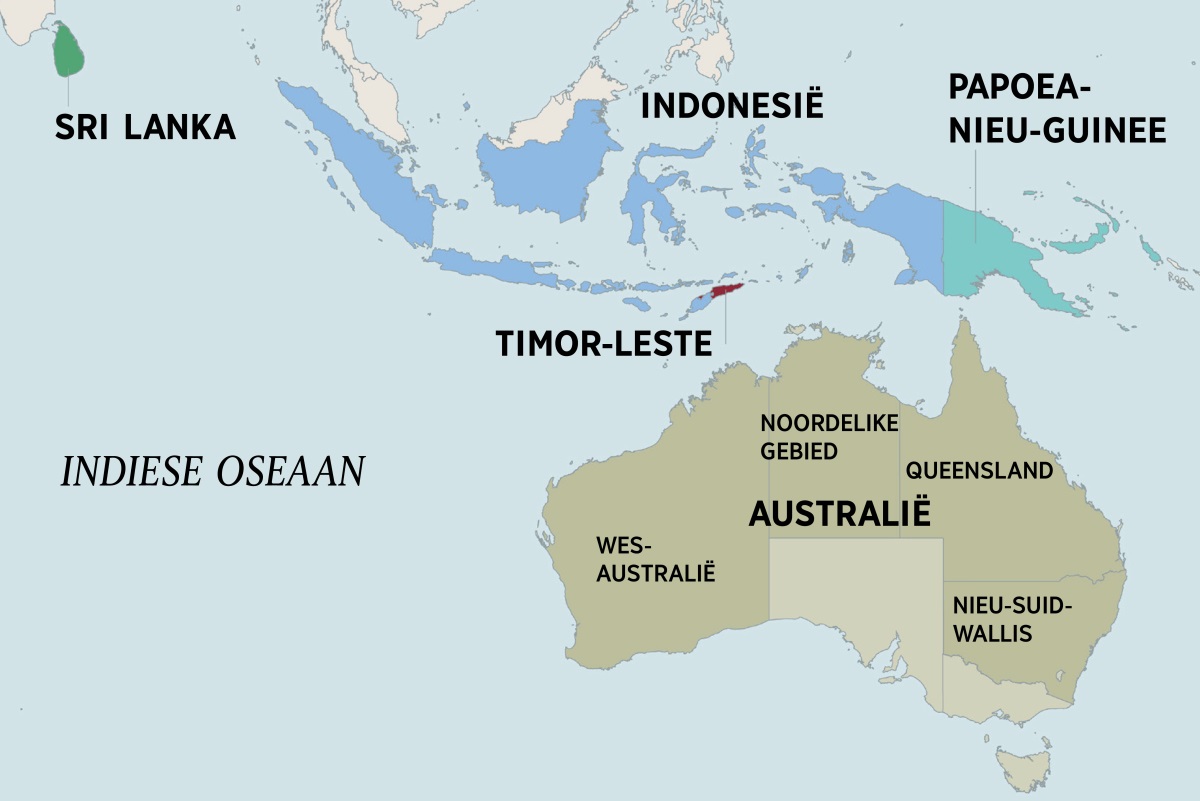 ’n Kaart van Australië en omliggende lande, insluitende Sri Lanka, Indonesië, Papoea-Nieu-Guinee en Timor-Leste. Die kaart van Australië wys die Noordelike Gebied en die state van Wes-Australië, Queensland en Nieu-Suid-Wallis.