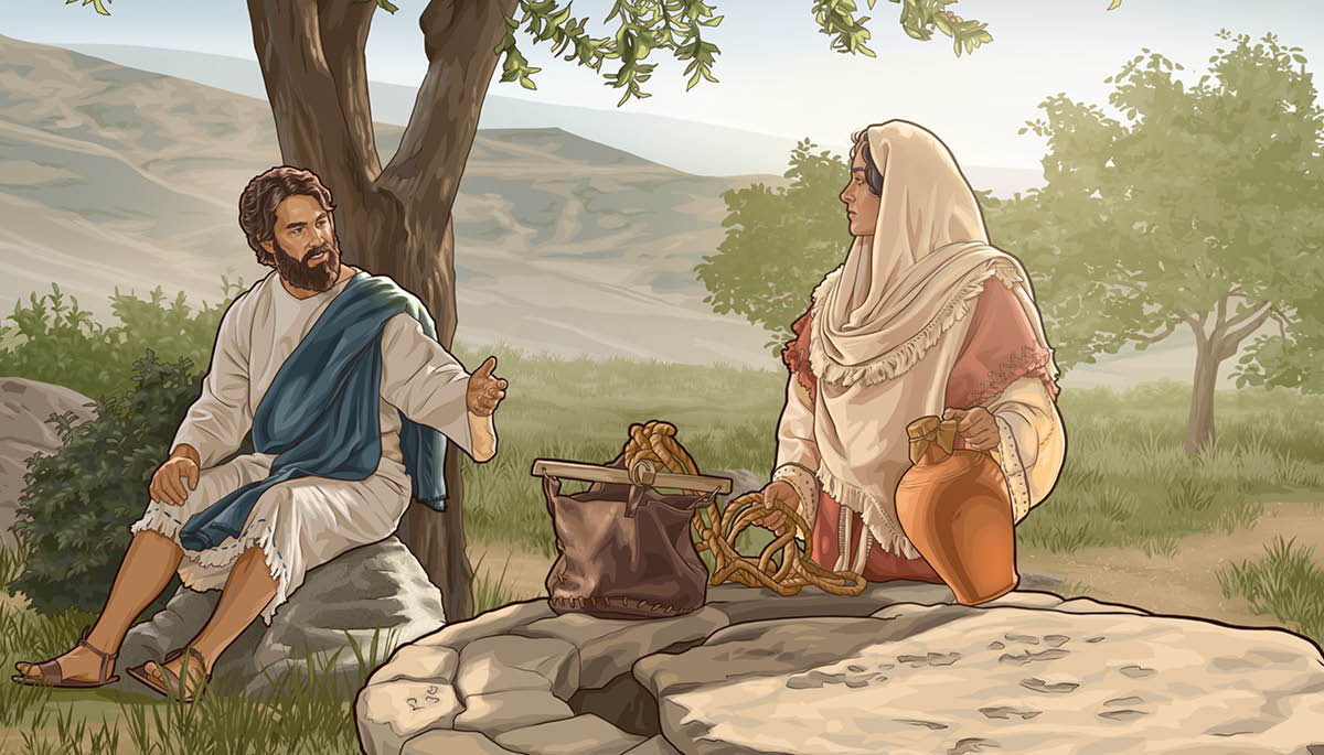 Jesus praat met ’n vrou by ’n put.