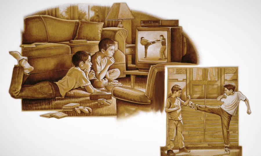 Twee seuns kyk na geweld op televisie en doen dan wat hulle gesien het