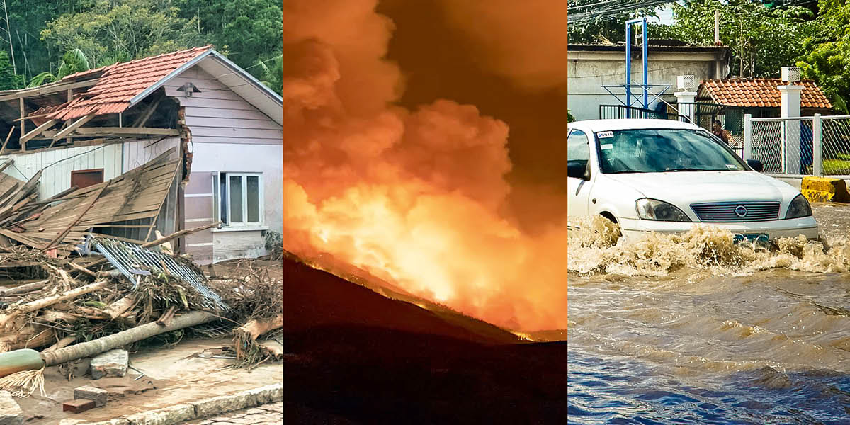 Collage: ’n Paar rampspoedige gevolge van uiterste weerstoestande. 1. ’n Huis wat erg beskadig is en omring is deur verwoesting en bome wat geval het. 2. ’n Verwoestende bosbrand langs die kant van ’n berg. 3. ’n Kar wat halfpad onderwater is op ’n oorstroomde straat in die stad.