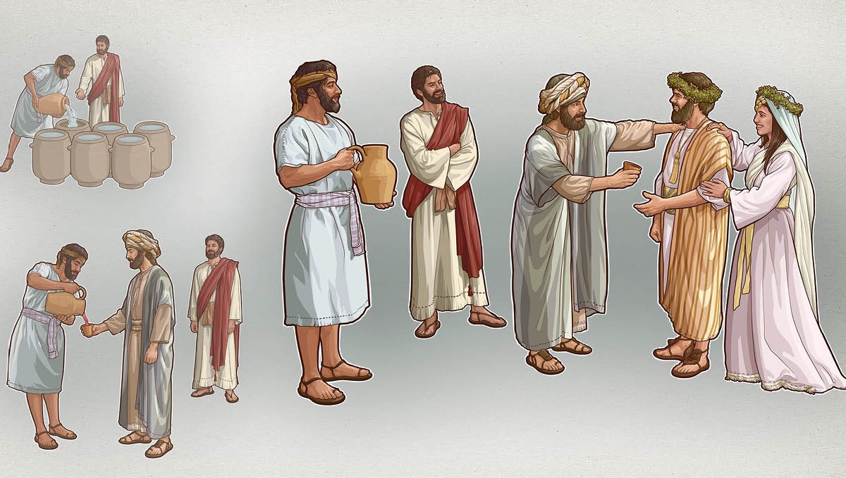 Jesus sê dat die kruike vol water gemaak moet word, die feesleier proe aan die wyn en prys die bruidegom vir die goeie wyn