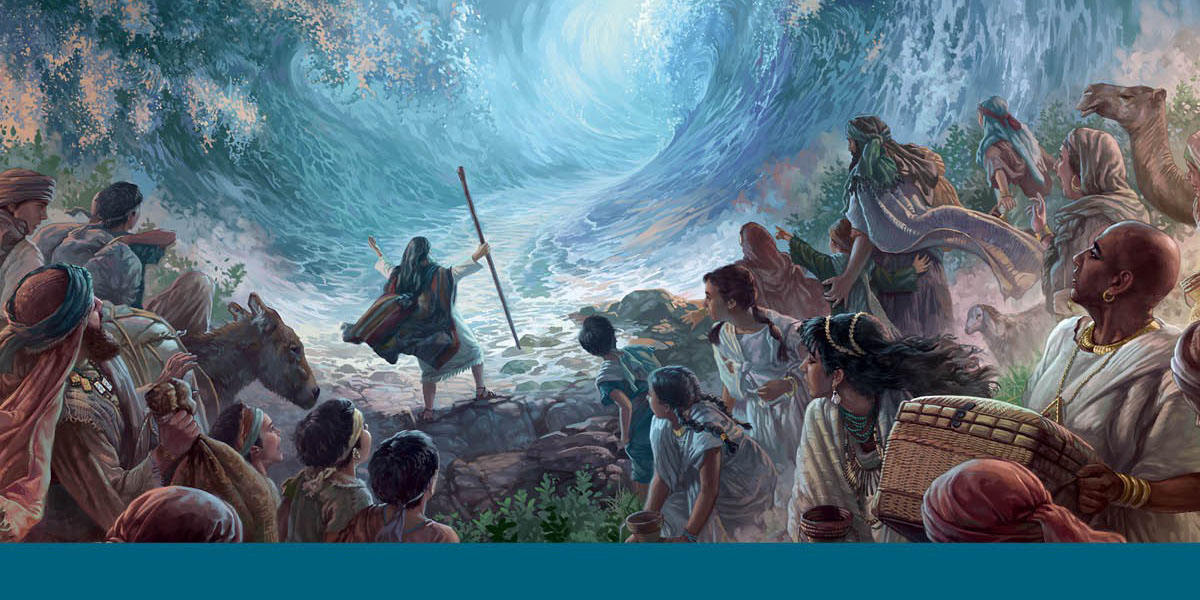 Moses met sy arms uitgestrek terwyl hy die Rooisee verdeel. Die Israeliete en ’n groot gemengde skare is verstom daaroor.