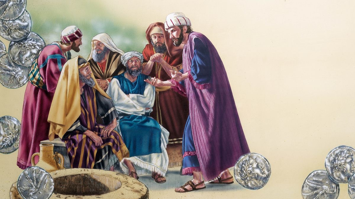Judas Iskariot konkel met godsdiensleiers. Stukke silwer is in die voorgrond.