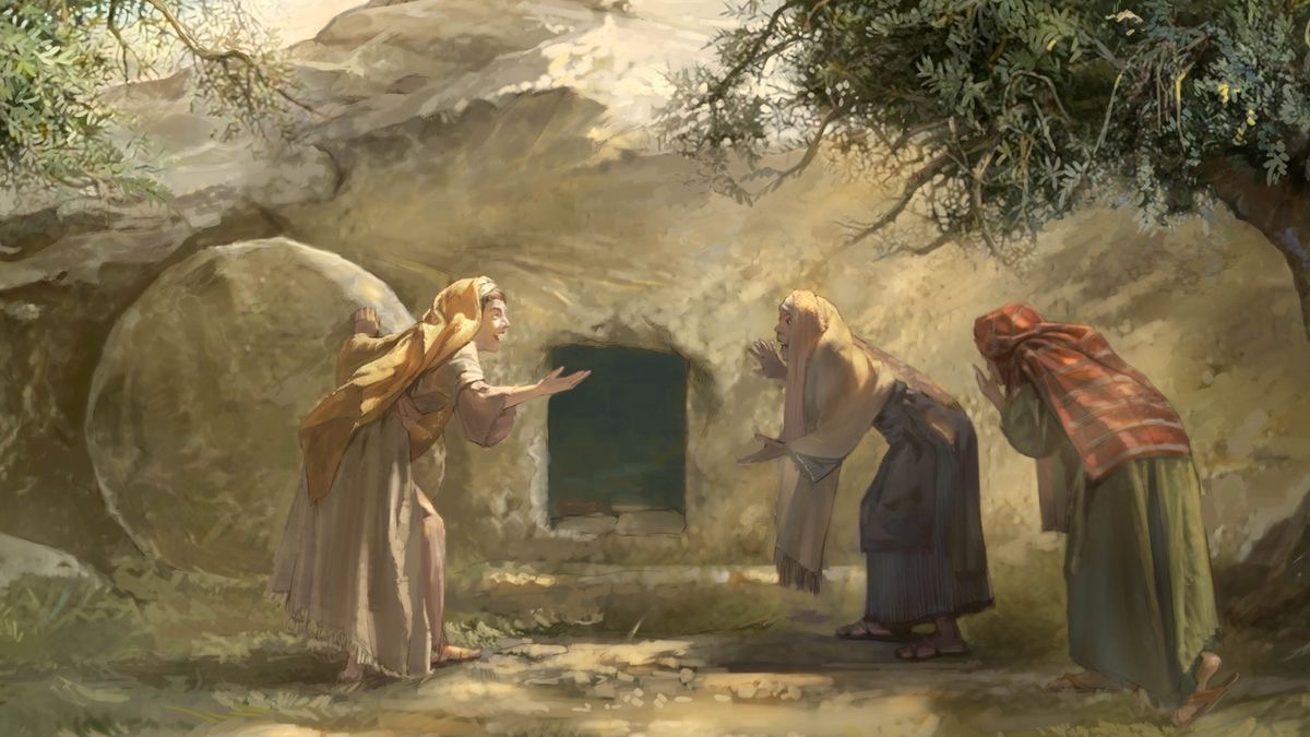 Drie vrouens kyk by Jesus se leë graf in.