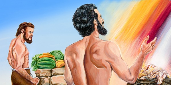 Kain bring ’n offer van kos aan God, Abel bring ’n skaap