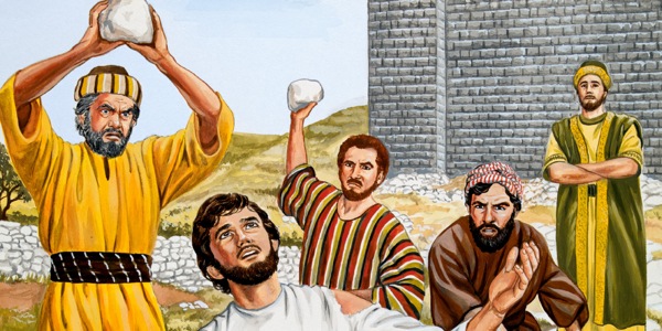 Stefanus bid terwyl hy deur woedende mans gestenig word