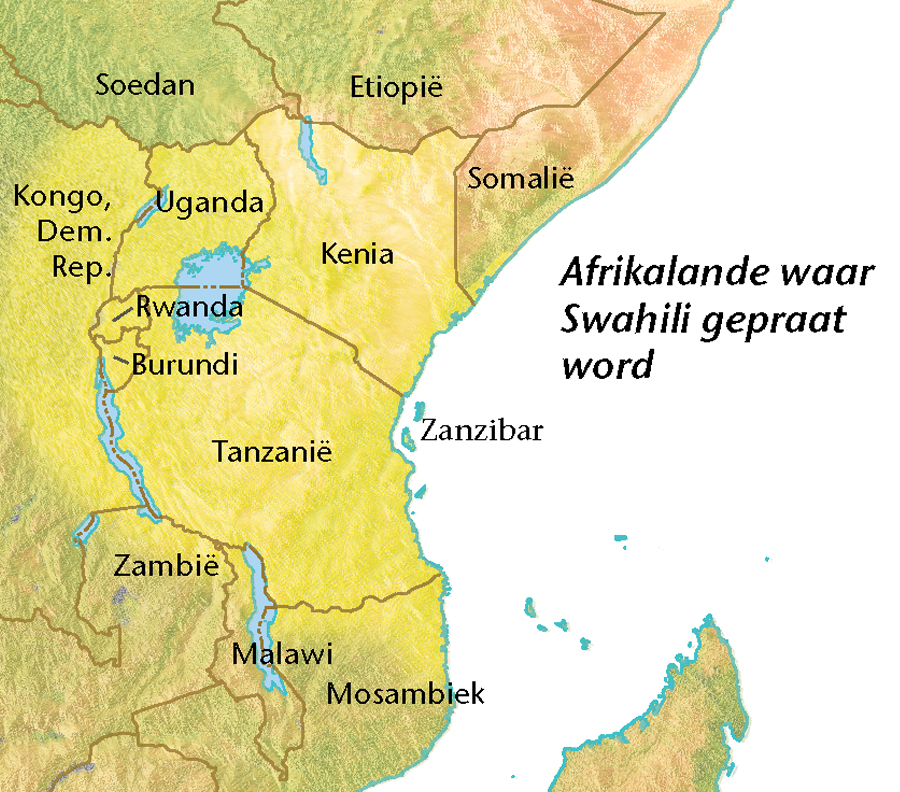 ’n Kaart van Afrikalande waar Swahili gepraat word