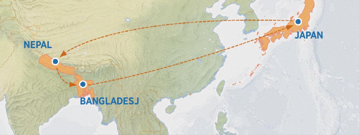 ’n Kaart met die roete van Japan tot Nepal, Nepal tot Bangladesh en terug na Japan