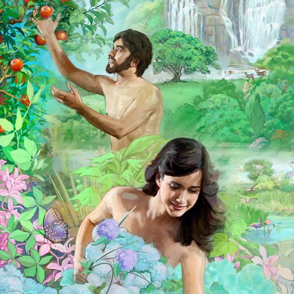 Adam en Eva, jonk en gelukkig, in die vrugbare tuin van Eden