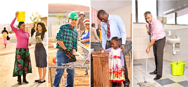 ’n Suster preek; ’n broer werk op ’n bouterrein; ’n kind gooi ’n bydrae in; ’n broer maak skoon