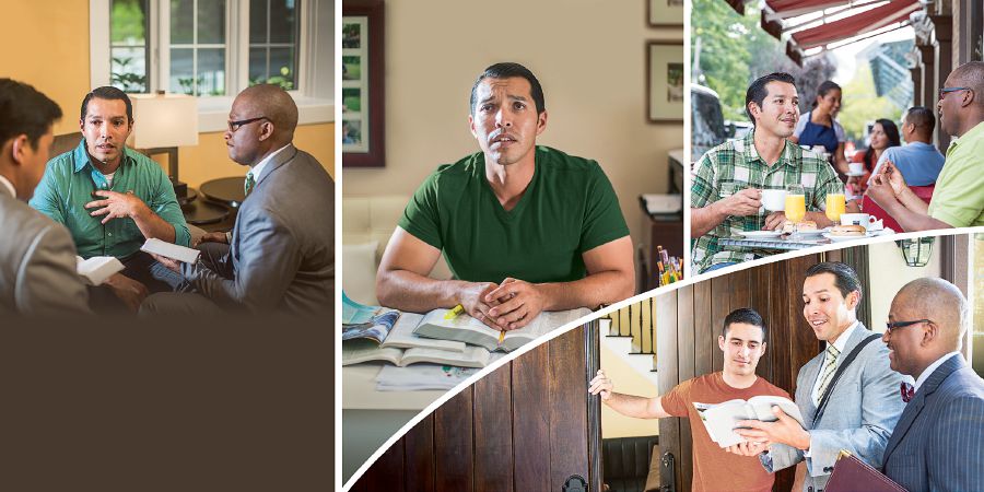 ’n Christenman ontvang ’n herdersbesoek, peins biddend, praat met ’n ouer man en doen velddiens