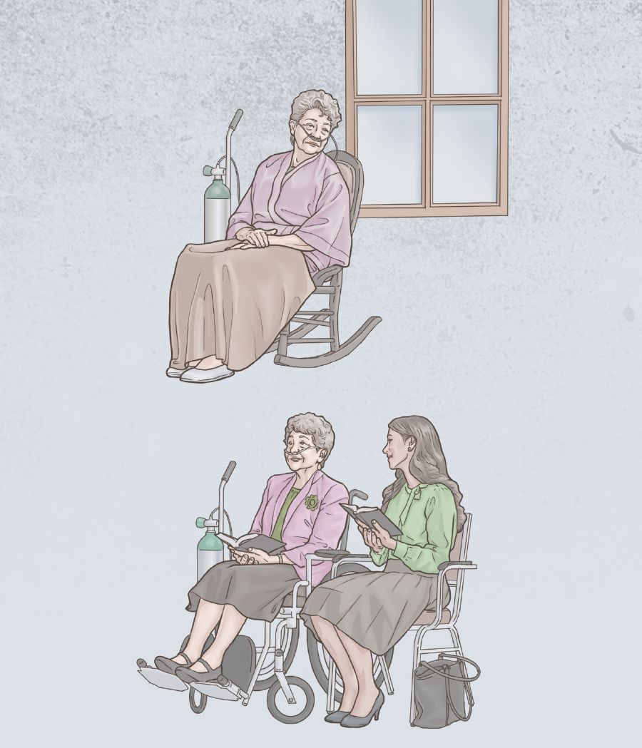 ’n Suster, wat op suurstof is, sit alleen, maar woon later ’n vergadering by saam met ’n jonger suster