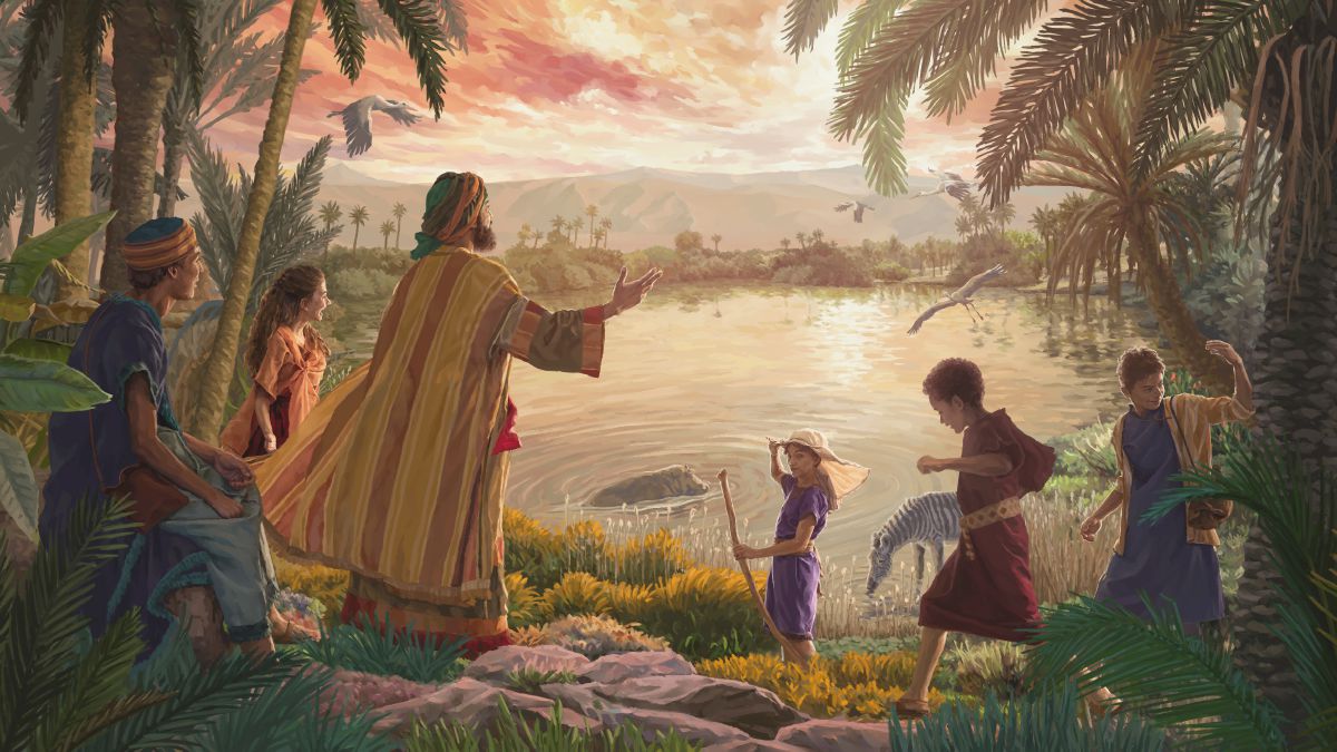 Job as ’n jong pa leer party van sy kinders oor die wonders van Jehovah se skepping