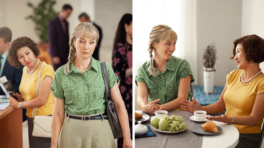 Collage: 1. By die lektuurtoonbank ná ’n vergadering sien ’n suster dat ’n ander suster in ’n slegte bui is. 2. Dieselfde dag sit die twee susters by ’n tafel en drink koffie en geniet hulle mekaar se geselskap.