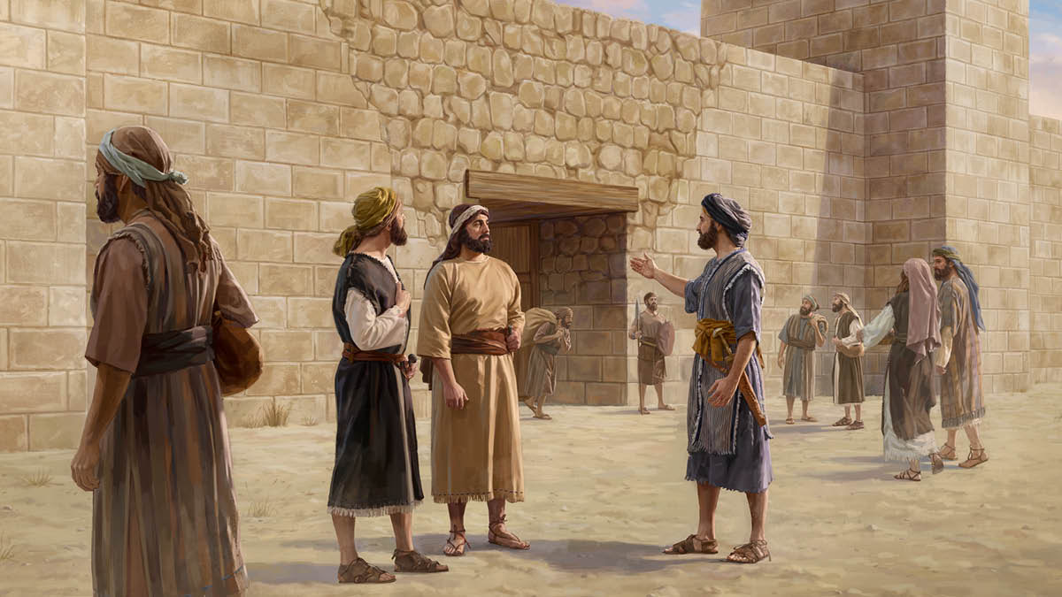 Nehemia gee twee manne leiding buite ’n stadspoort in Jerusalem.