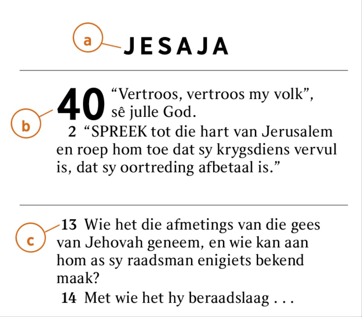 ’n Bybelgedeelte toon hoe ons a) die Bybelboek, b) die hoofstuk en c) die vers kan identifiseer