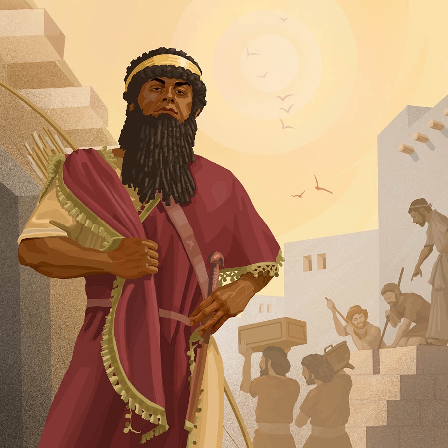 Die arrogante Nimrod. In die agtergrond is mense besig om iets te bou.