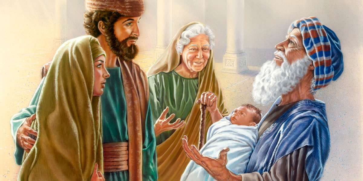 ስምዖን ሕፃኑን ኢየሱስን አቅፎት፤ ዮሴፍ፣ ማርያምና ነቢዪቱ ሐና አጠገቡ ሆነው ሲመለከቱት
