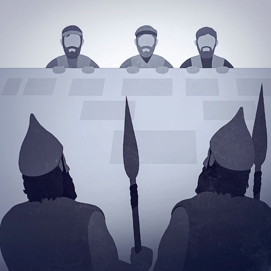 የአሦር ወታደሮች ከኢየሩሳሌም ቅጥር ውጭ ቆመው