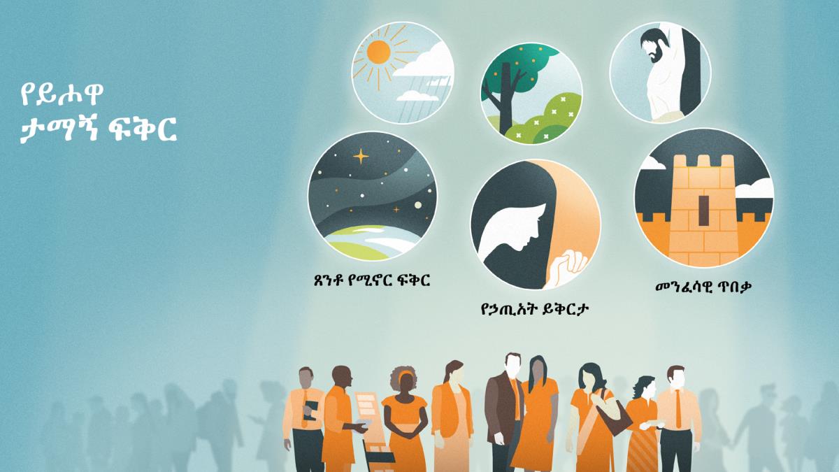 ከመላው የሰው ዘር መሐል የይሖዋ አገልጋዮች ጎላ ብለው ይታያሉ። ምስሎች፦ የይሖዋ ታማኝ ፍቅር መግለጫዎች። 1. ጸንቶ የሚኖር ፍቅር፤ ምድርንና በከዋክብት የተሞላውን ሰማይ የሚያሳየው ሥዕል ይህን ያመለክታል። 2. የኃጢአት ይቅርታ፤ የምትጸልይ እህትን የሚያሳየው ሥዕል ይህን ያመለክታል። 3. መንፈሳዊ ጥበቃ፤ የከተማ ቅጥርን የሚያሳየው ሥዕል ይህን ያመለክታል። ከበስተ ጀርባ ይሖዋ ለሁሉም ሰው ያለውን ፍቅር የሚገልጽባቸው መንገዶች ይታያሉ። 4. ፀሐይ እና ዝናብ። 5. አበቦች፣ ዕፀዋት እና ደኖች። 6. ከቤዛው ጥቅም የማግኘት አጋጣሚ።