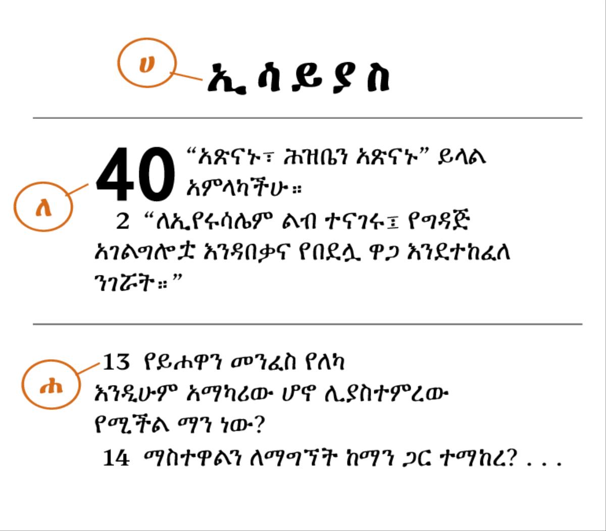 አንድ የመጽሐፍ ቅዱስ ጥቅስ ላይ ሀ)መጽሐፉን፣ ለ) ምዕራፉንና ሐ)ቁጥሩን መለየት የምንችለው እንዴት እንደሆነ የሚያሳይ ምሳሌ