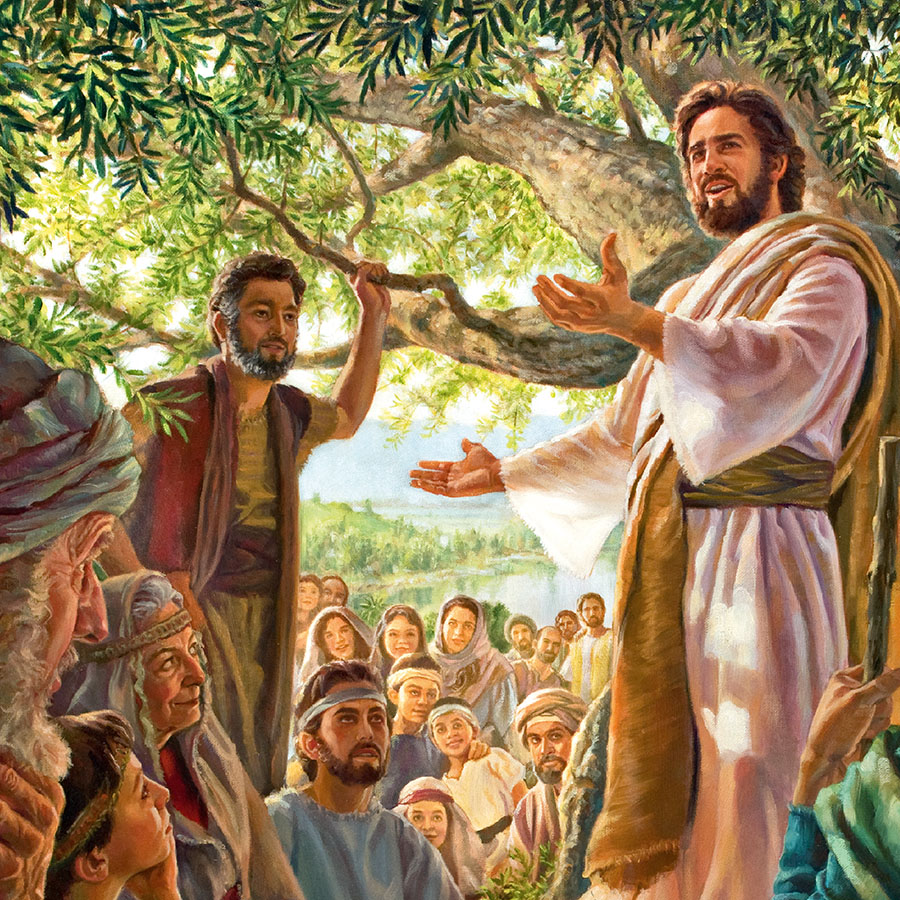 يسوع واقف علی جبل في الجليل يفوِّض رسله الامناء الاحد عشر وأتباعا آخرين