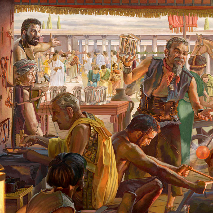 ديمتريوس يخاطب عمالا في مشغل صائغ فضة في افسس