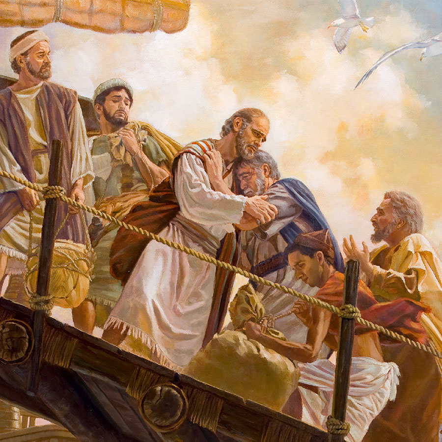 بولس ومن معه يركبون سفينة،‏ والشيوخ يبكون فيما يودِّعونهم
