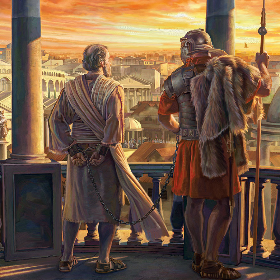 بولس السجين مقيد الی جندي روماني وينظر الی قسم من مدينة روما