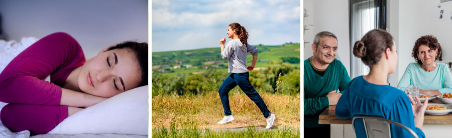 مراهقة تتناول الطعام مع والدَيها،‏ تمارس الرياضة،‏ وتنام