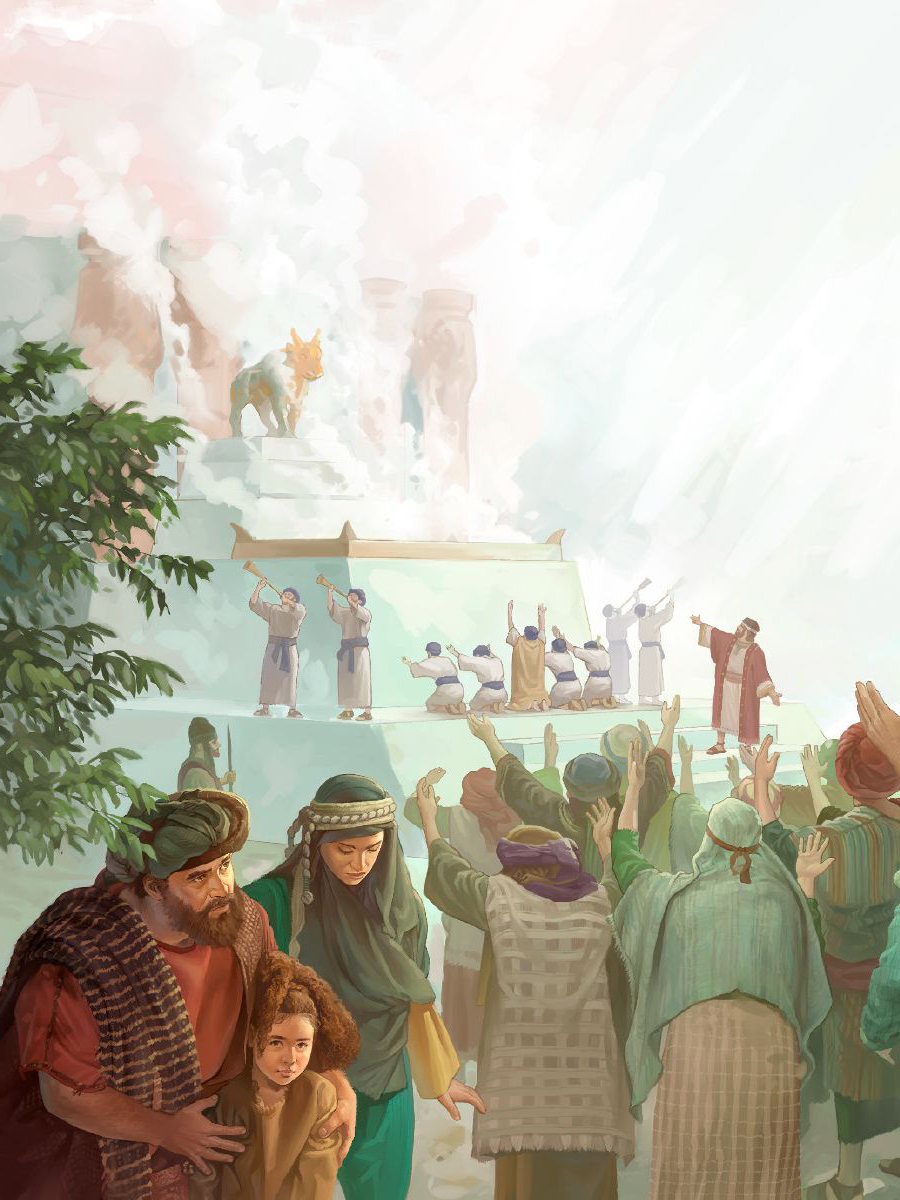 عدد كبير من الإسرائيليين يقدِّمون الذبائح لعجل ذهبي صنعه يربعام