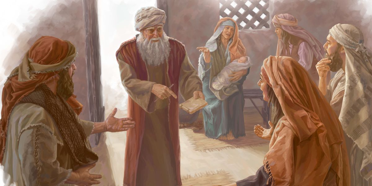 زكريا يشير إلى لوح كتب عليه اسم ابنه ليخبر أصدقاءه وأقرباءه أن ابنه سيُدعى يوحنا