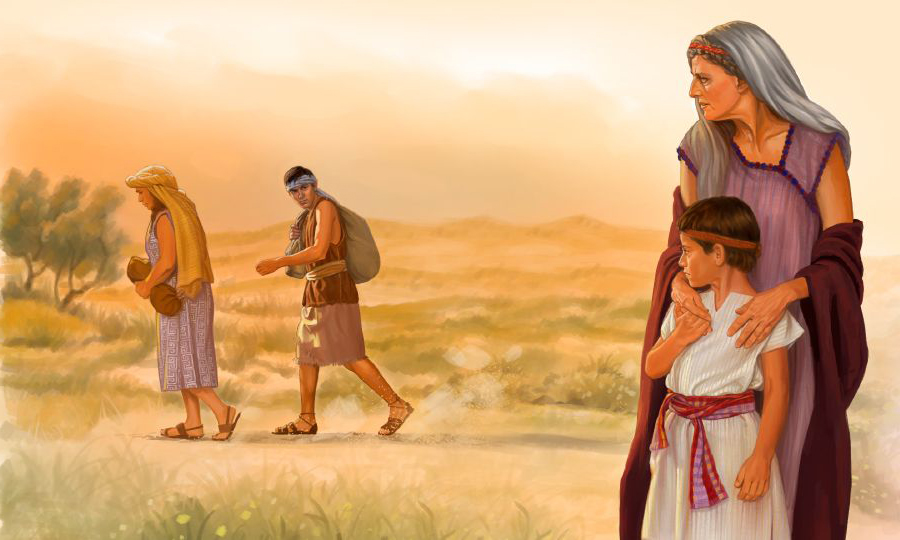 سارة تمسك إسحاق فيما هاجر وإسماعيل يرحلان