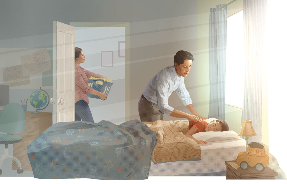 اب يوقظ ابنه من النوم بهدوء